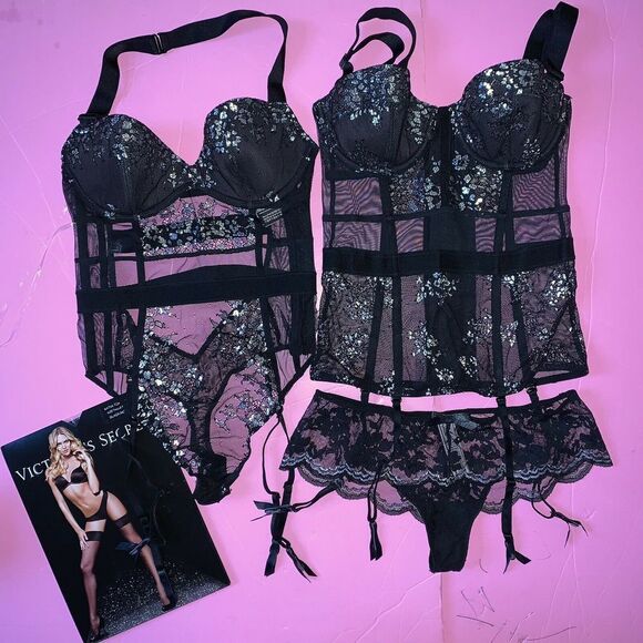 Victoria's Secret 32B GARTER corset+TEDDY one-piece+XS thong BLACK silver foil - Picture 1 of 8